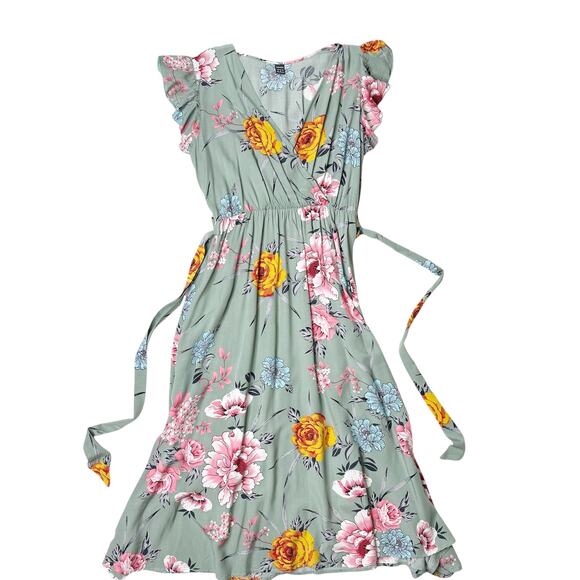 SHEIN Sage Green Floral Faux Wrap Ruffle Sleeve Summer Dress size Medium - Picture 4 of 12
